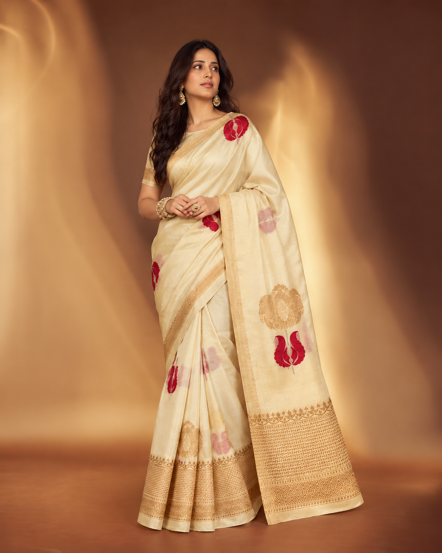 Cream Kora Organza Saree
