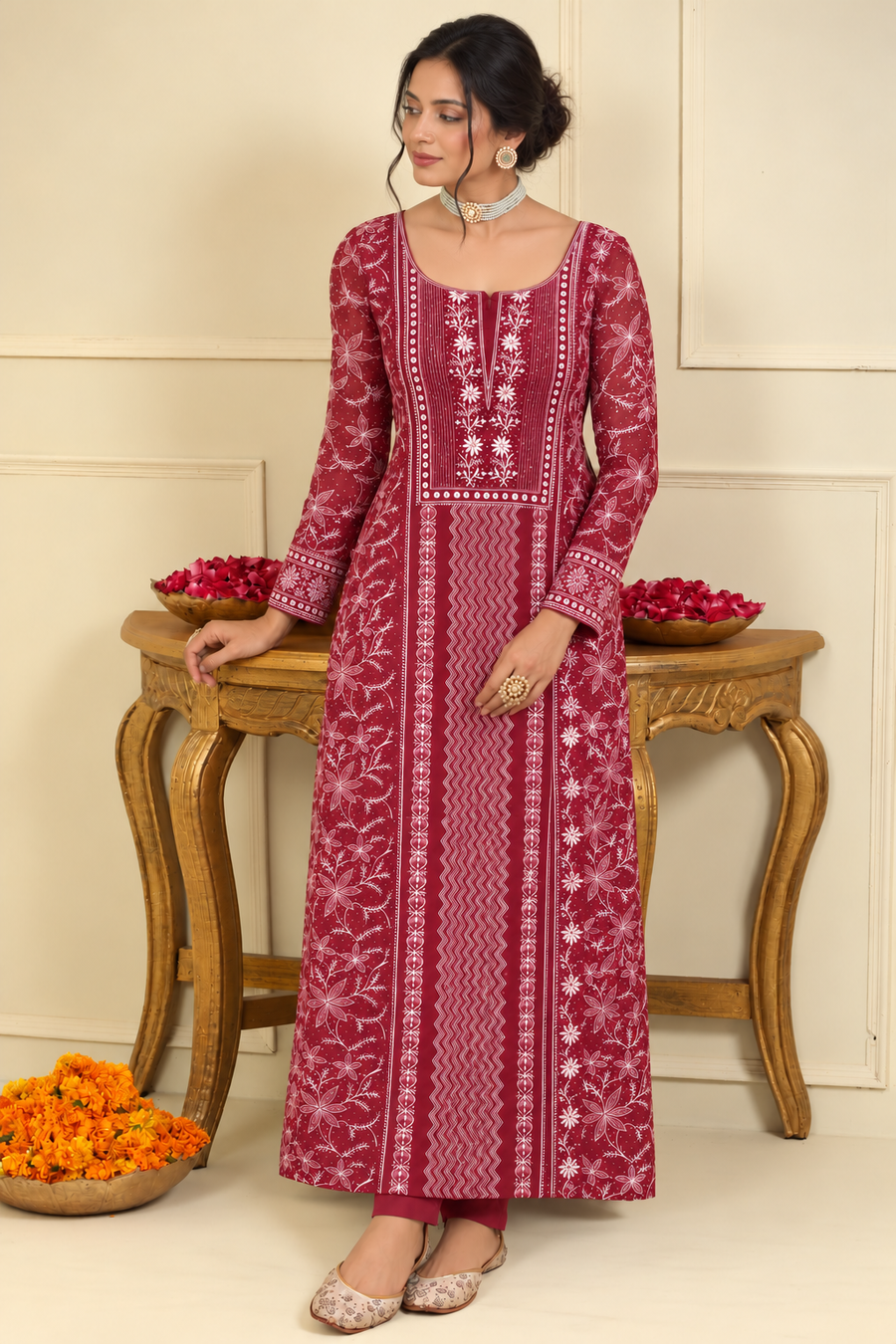Maroon Organza Full-Jaal Chikankari