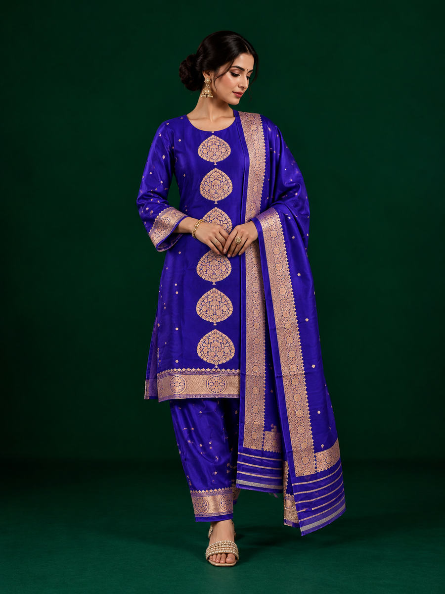 Purple Suit with Motifs and Organza Dupatta