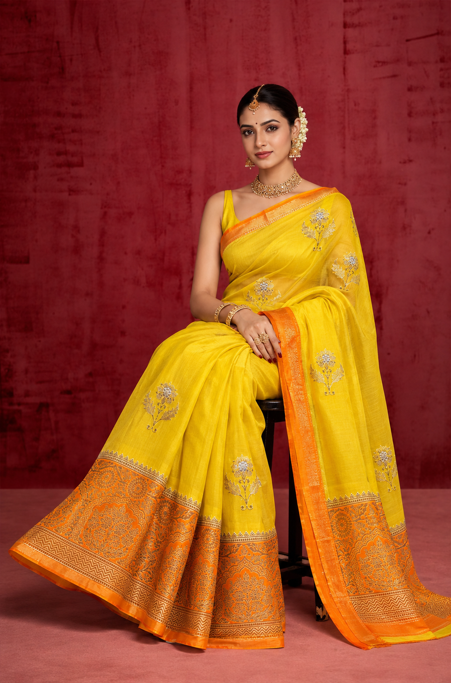 Yellow and Orange Kora Organza Saree