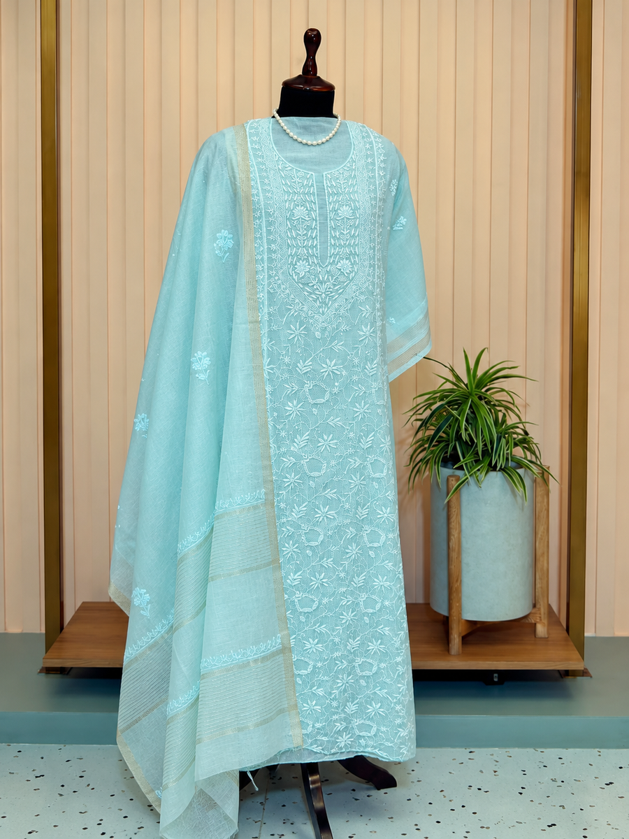 Light Turquoise / Aqua Green Chikankari Suit - Unstitched