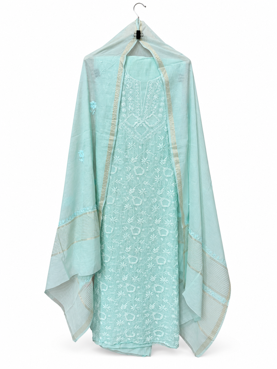 Light Turquoise / Aqua Green Chikankari Suit - Unstitched