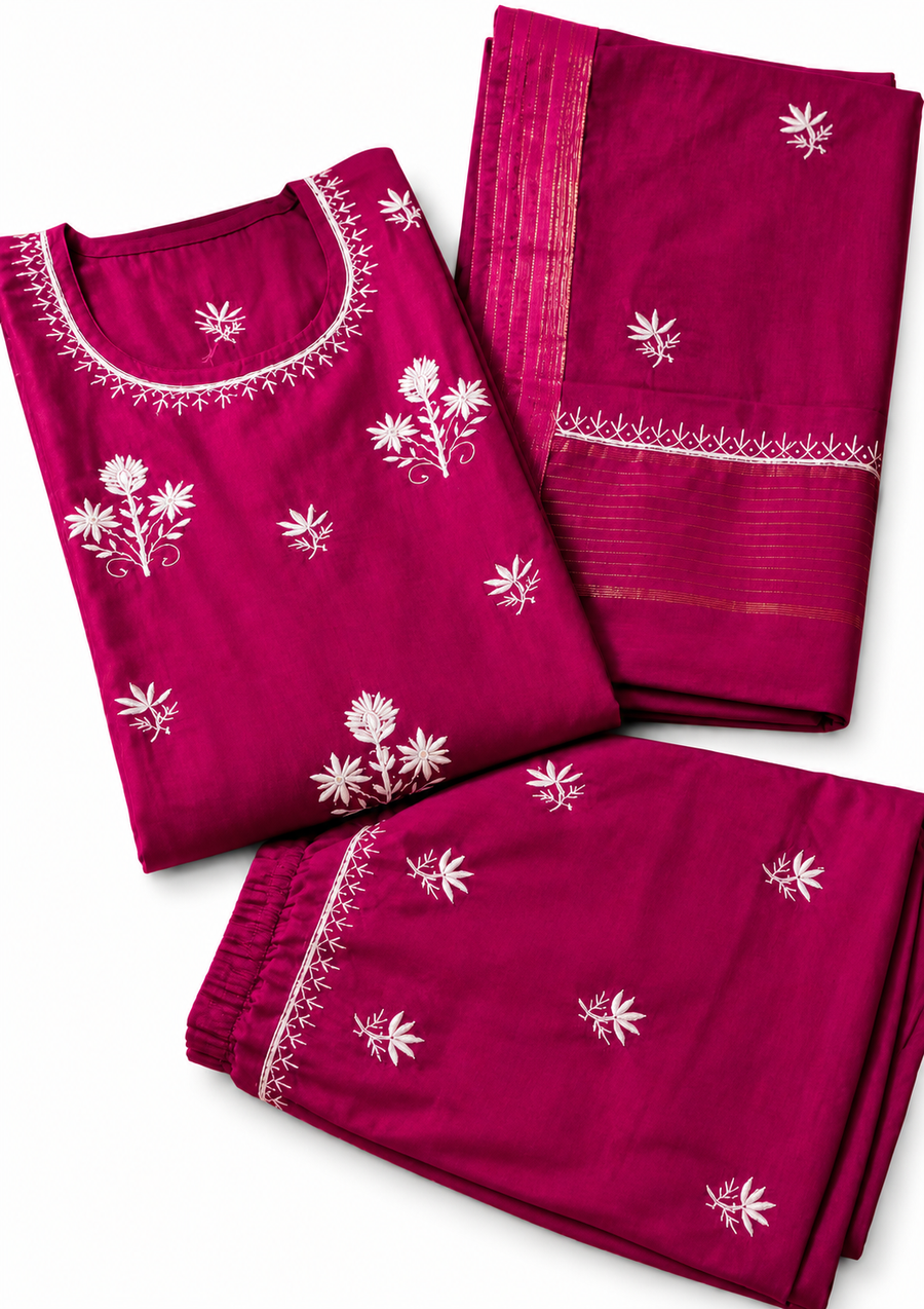 Magenta Wine Chikankari Suit - Semi-stitched