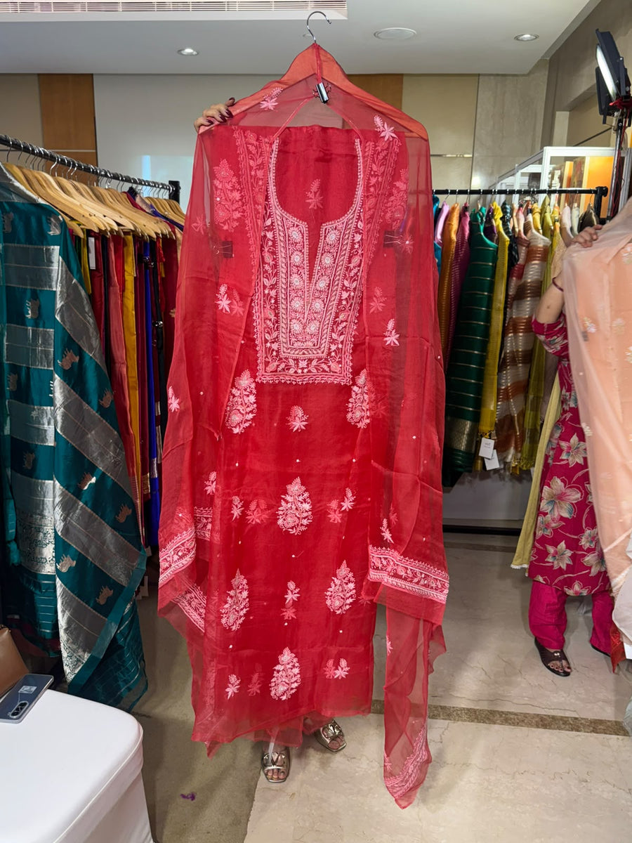 Red Organza with Large Boota Motifs