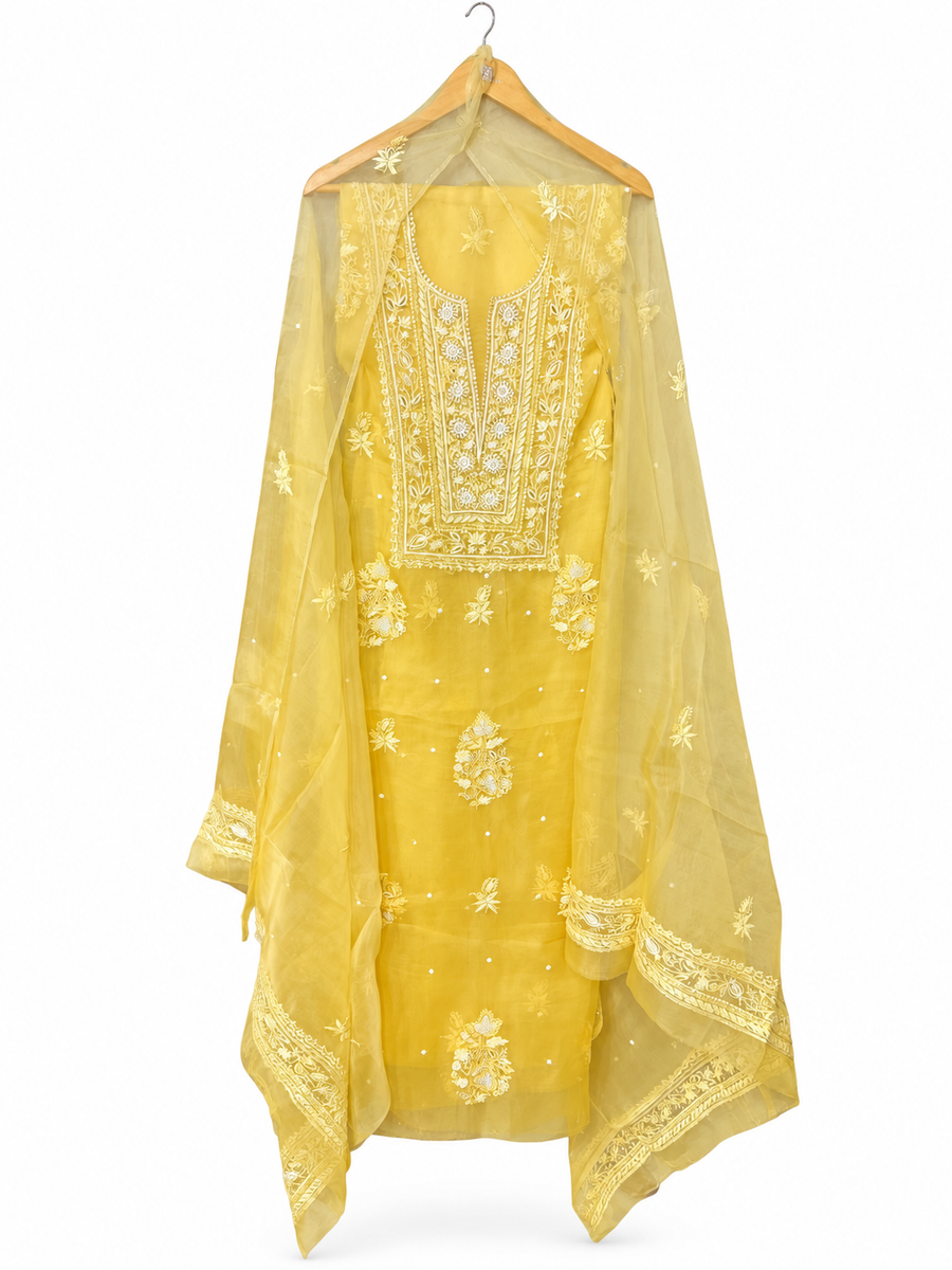 Yellow Organza Silk Chikankari