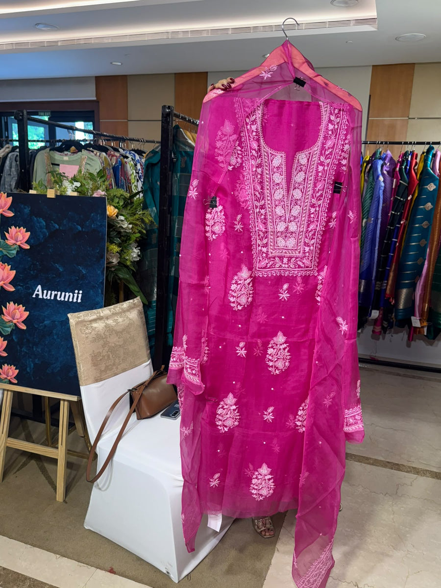 Rani Pink Organza Chikankari