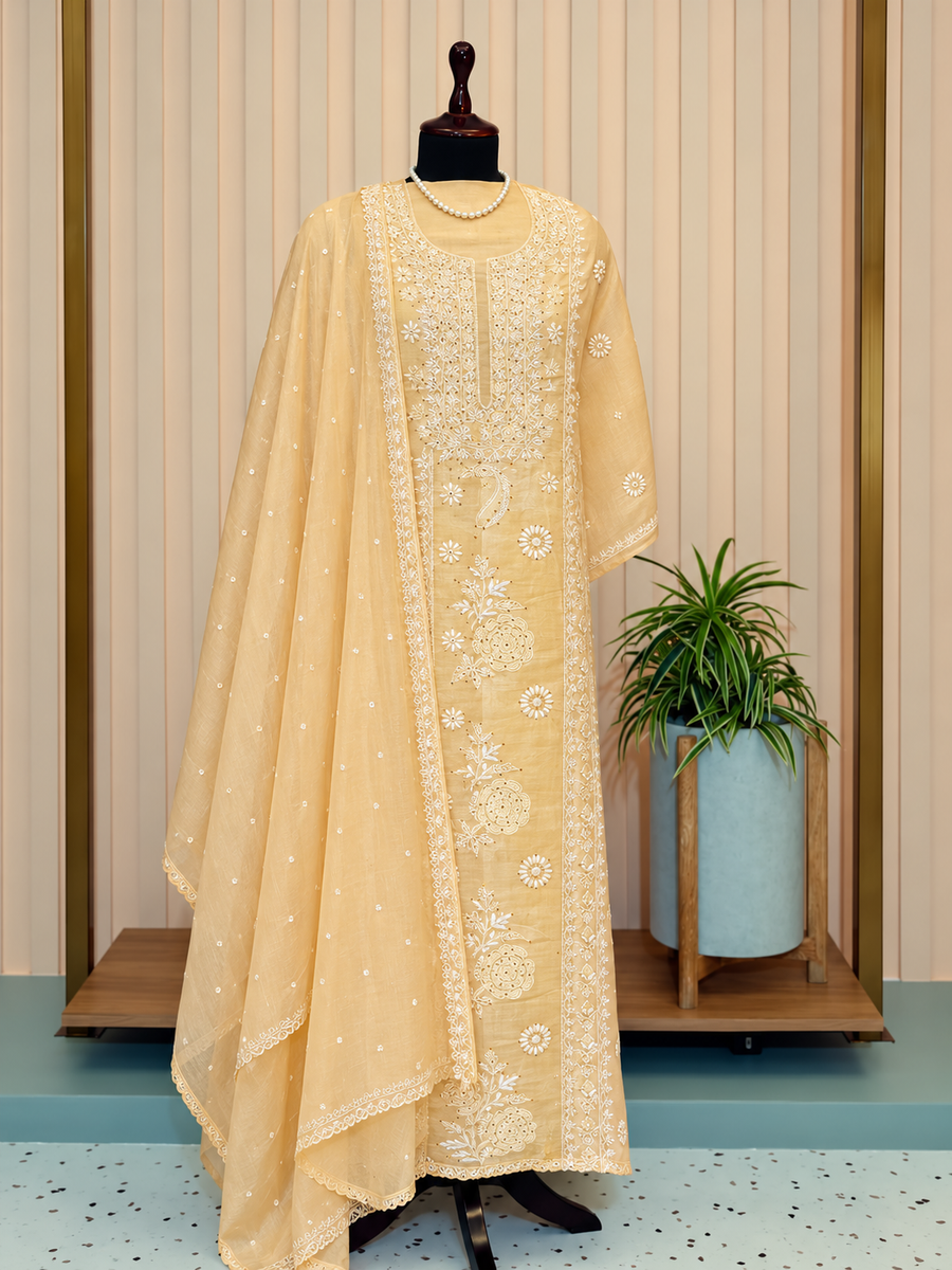 Peach Tussar Silk Chikankari with Chiffon Dupatta