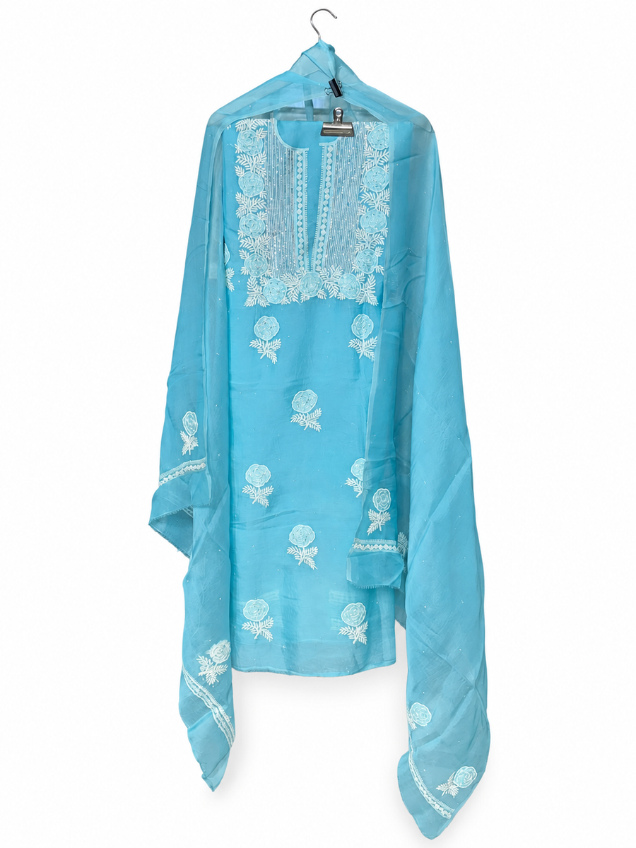 Turquoise Organza Chikankari