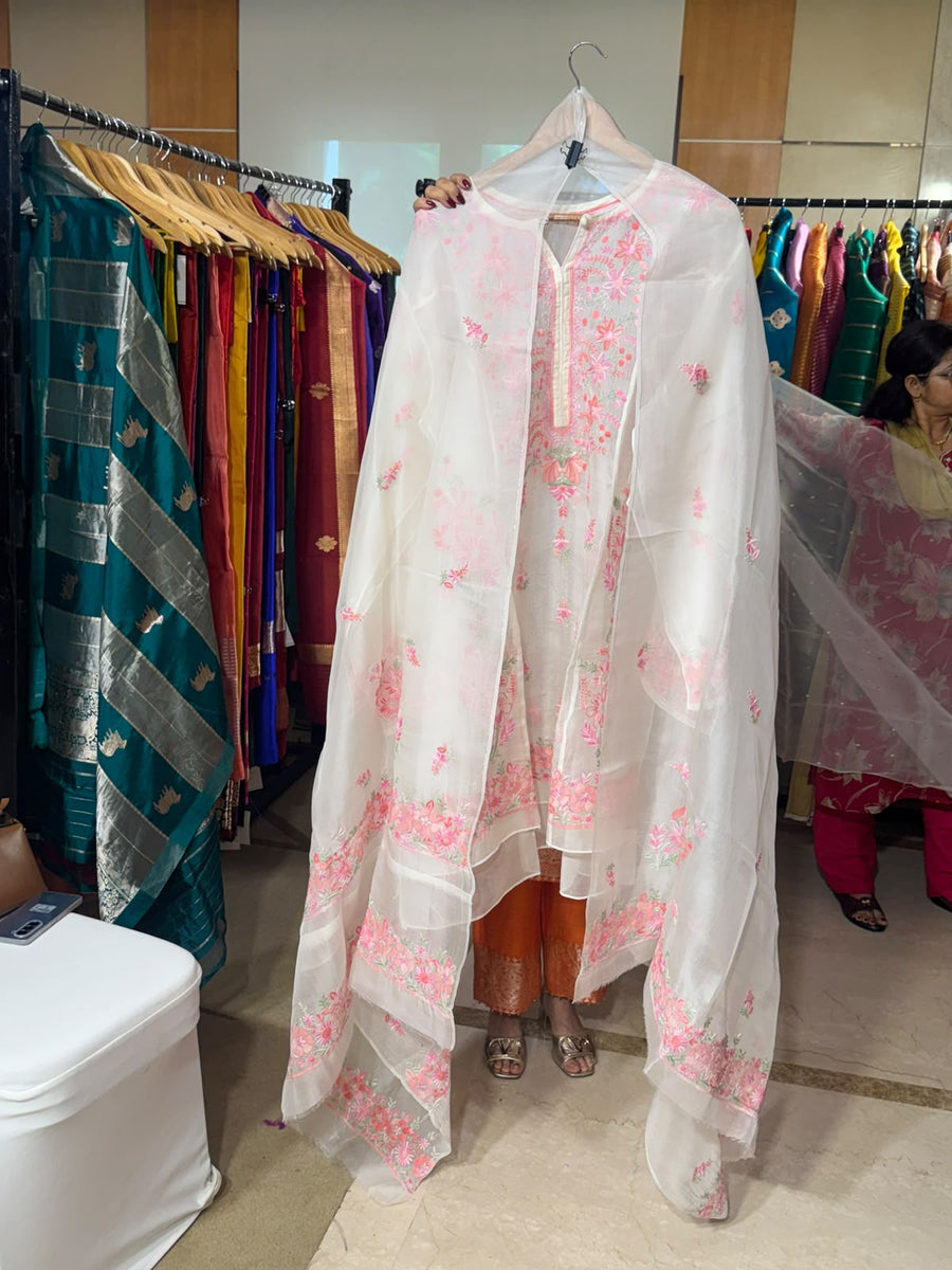 White Organza with Pink Chikankari