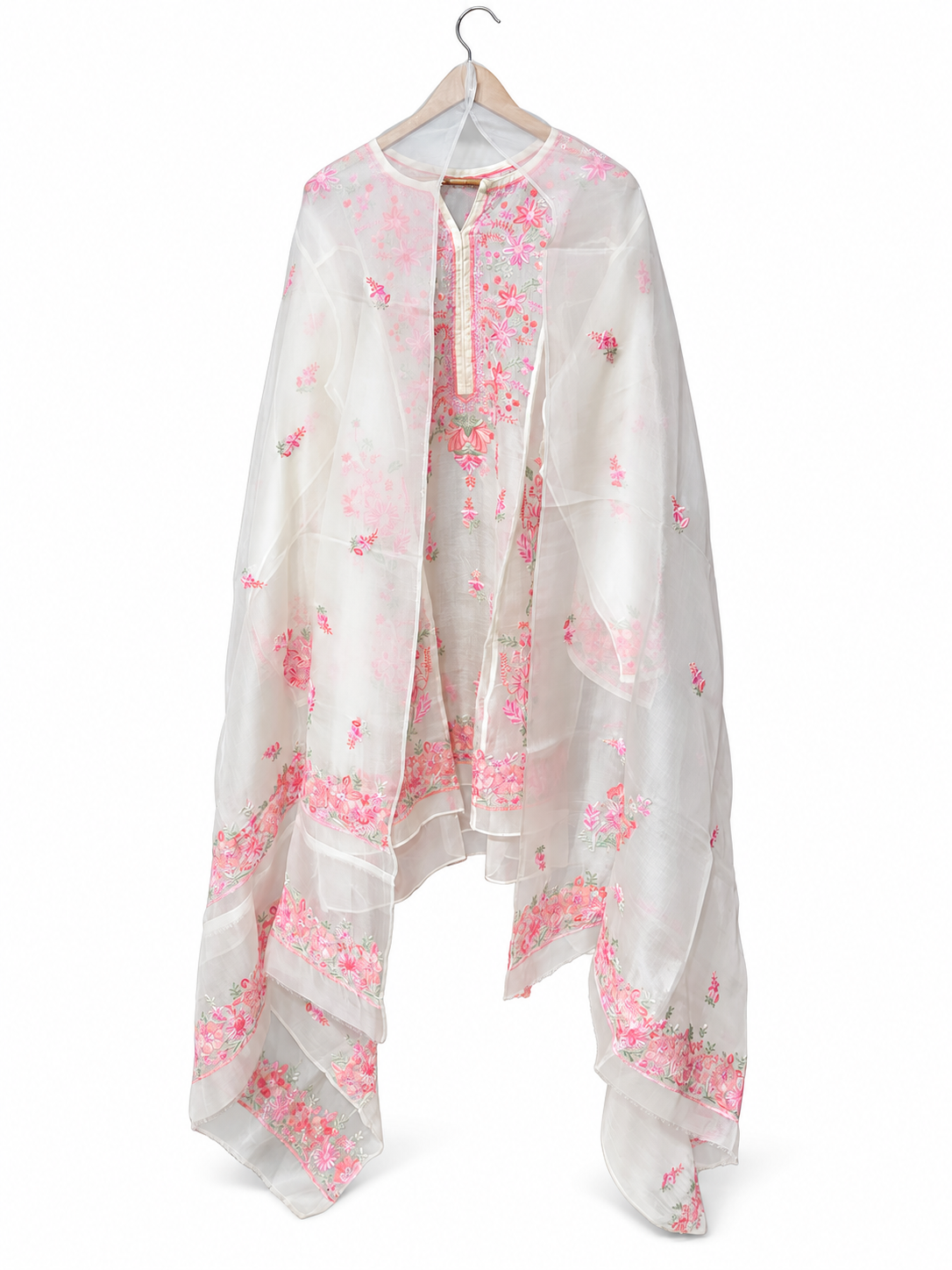 White Organza with Pink Chikankari by Aurunii, product AU-PC-002 on a white background