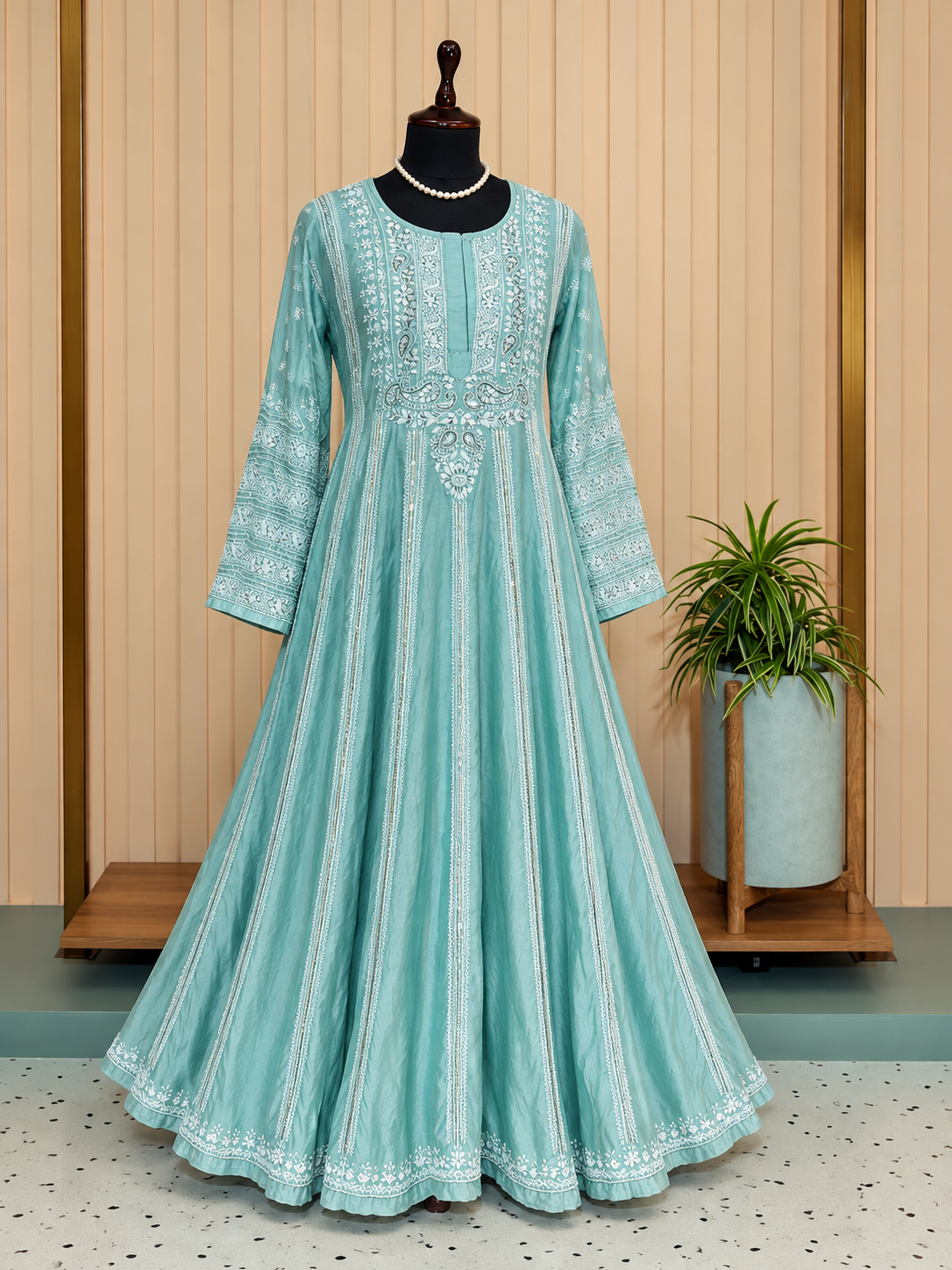 Aqua Green Chanderi Anarkali Chikankari with Striped Dupatta – mannequin display showing chikankari embroidery and fabric detail