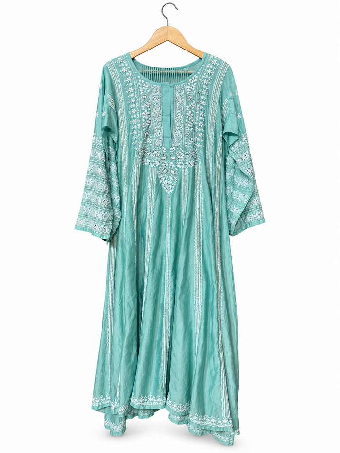 Aqua Green Chanderi Anarkali Chikankari with Striped Dupatta