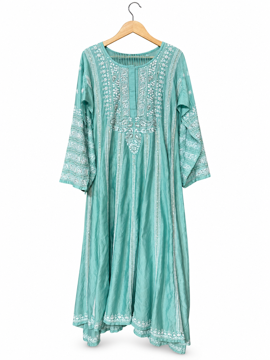 Aqua Green Chanderi Anarkali Chikankari with Striped Dupatta