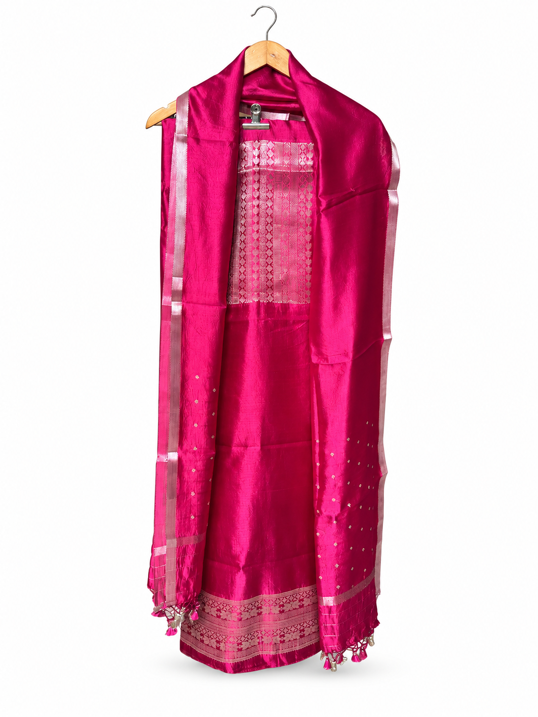 Magenta Silk with Silver Zari Polka Dupatta by Aurunii, product AU-SE-016 on a white background