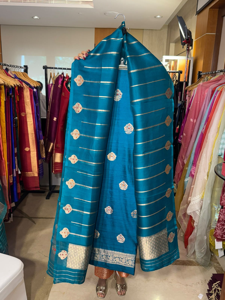 Teal Green with Striped Organza Dupatta