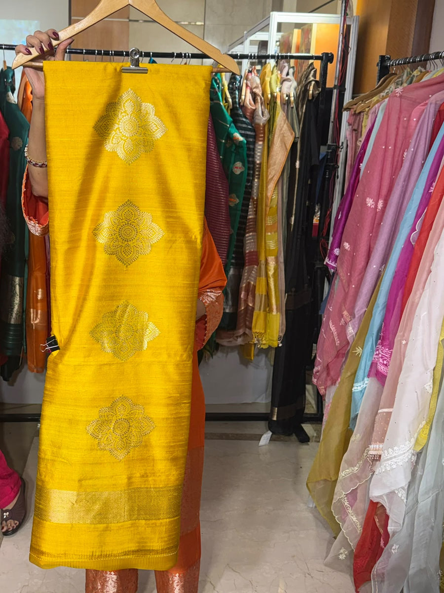 Yellow Raw Silk with Striped Dupatta