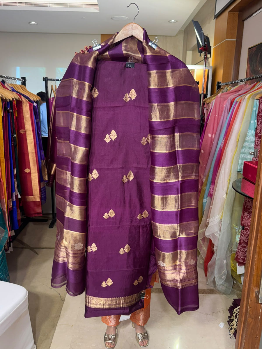 Wine Silk Booti Suit with Striped Tissue Dupatta