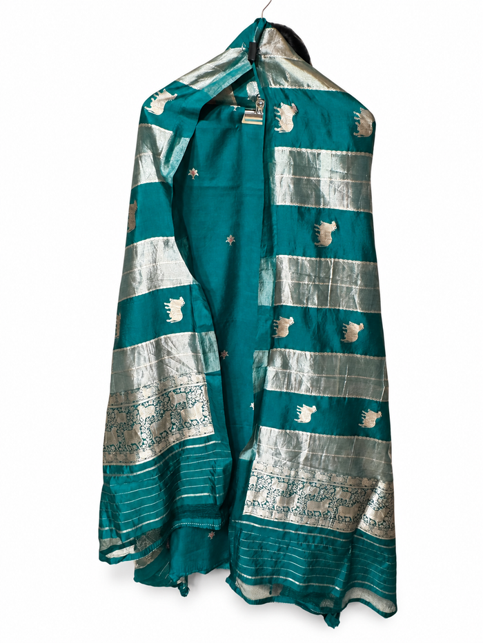 Teal Green Banarasi Suit with Cow-Motif Tissue Dupatta
