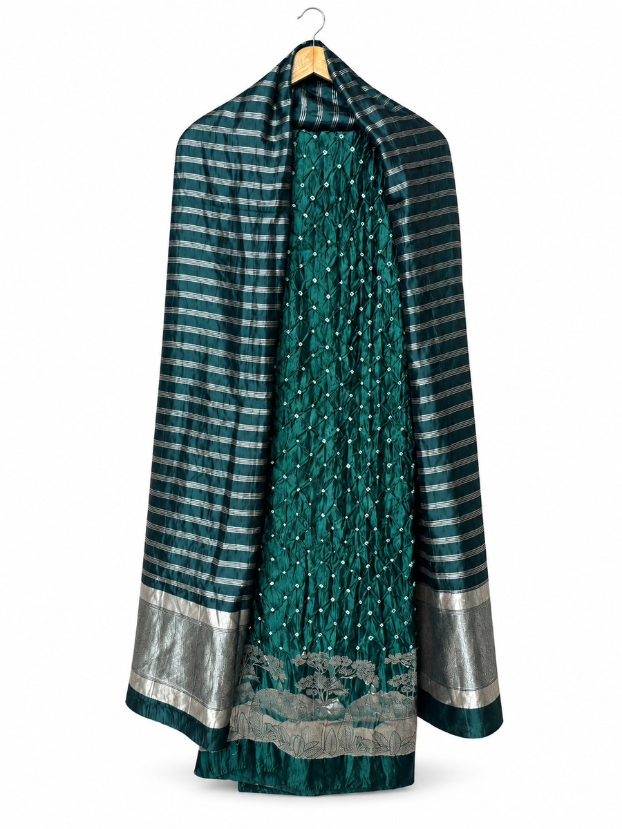 Green Bandhej with Striped Dupatta