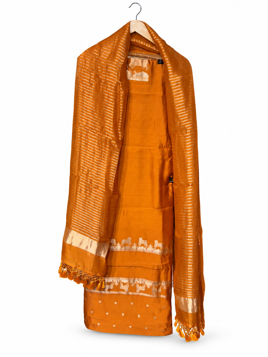 Crepe Silk with Cow Motifs and Striped Dupatta