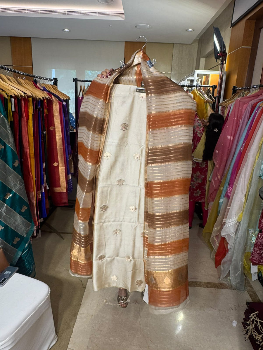 Ivory Pure Silk with Striped Dupatta