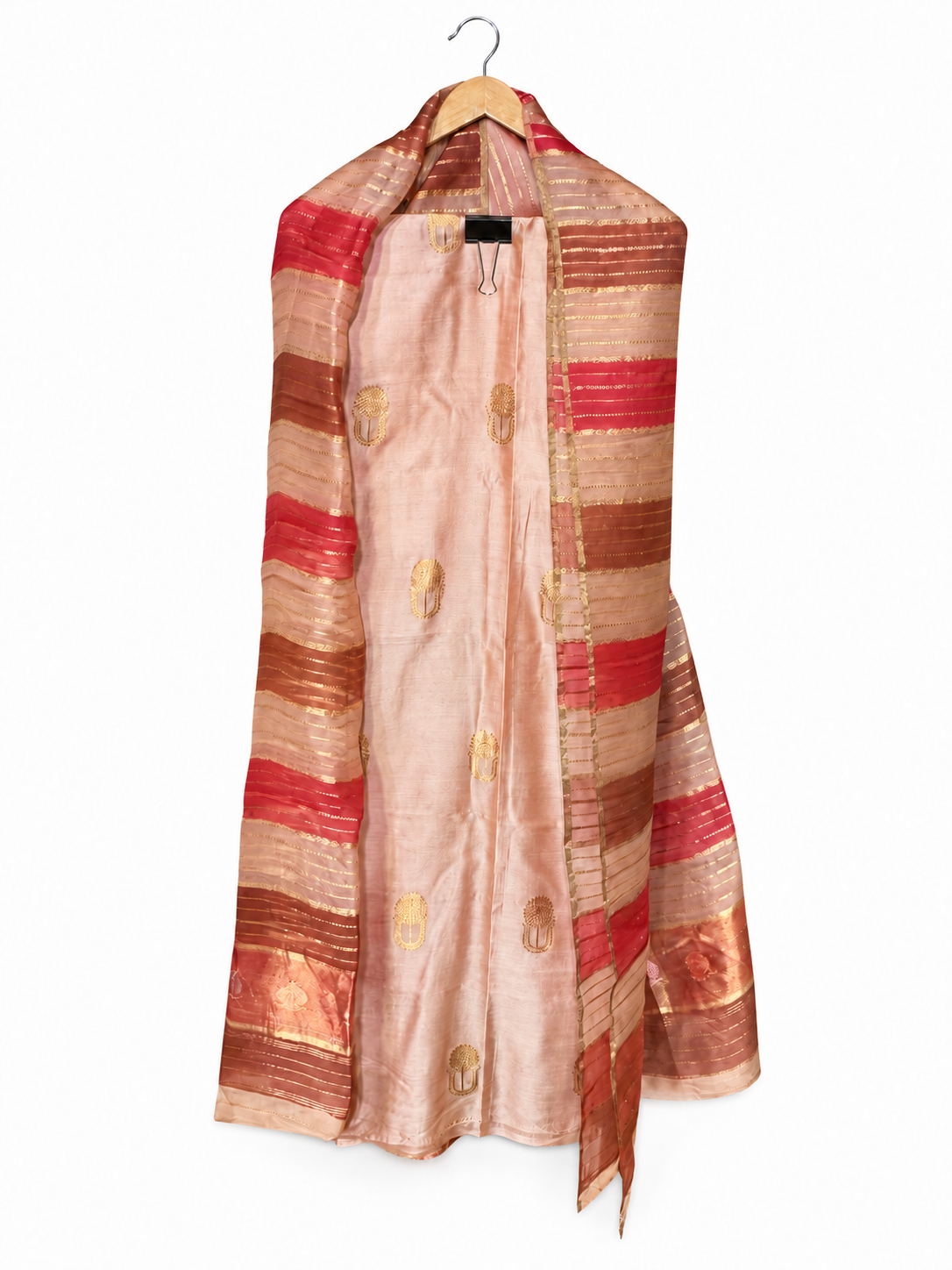English Pink Pure Silk with Striped Dupatta by Aurunii, product AU-VN-025 on a white background