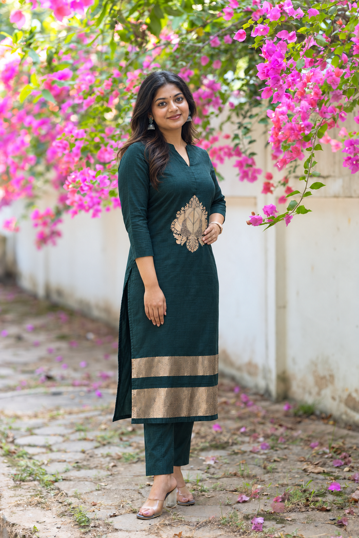 Dark Green Lotus-Motif Co-ord Set
