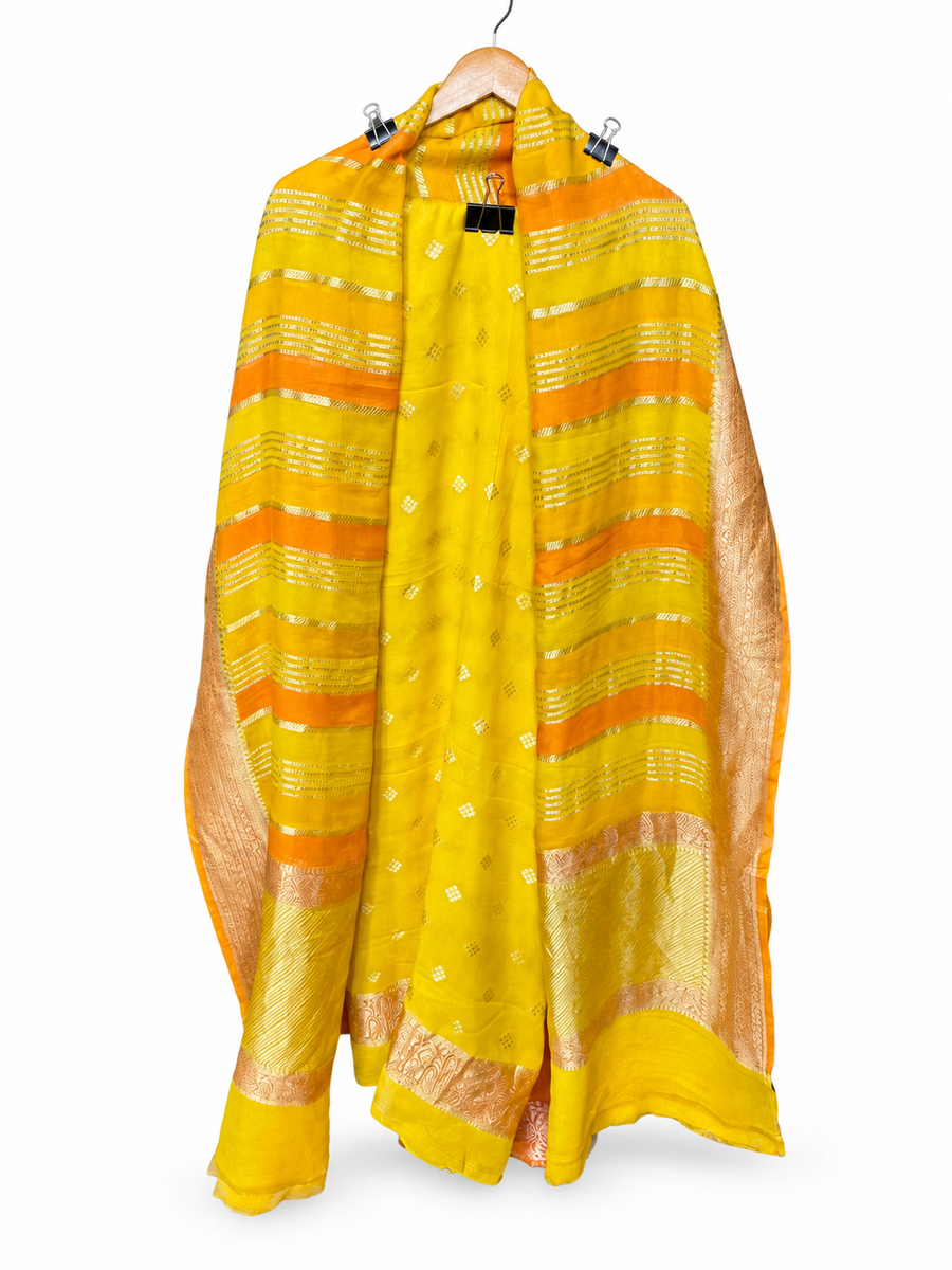 Yellow Georgette with Zari Border and Striped Dupatta