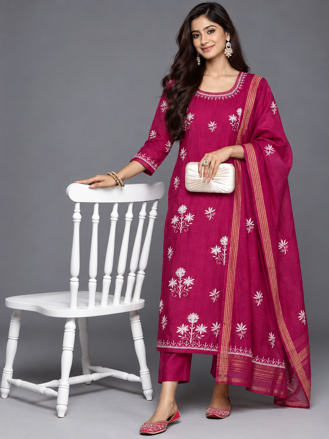 Magenta Wine Chikankari Suit - Semi-stitched
