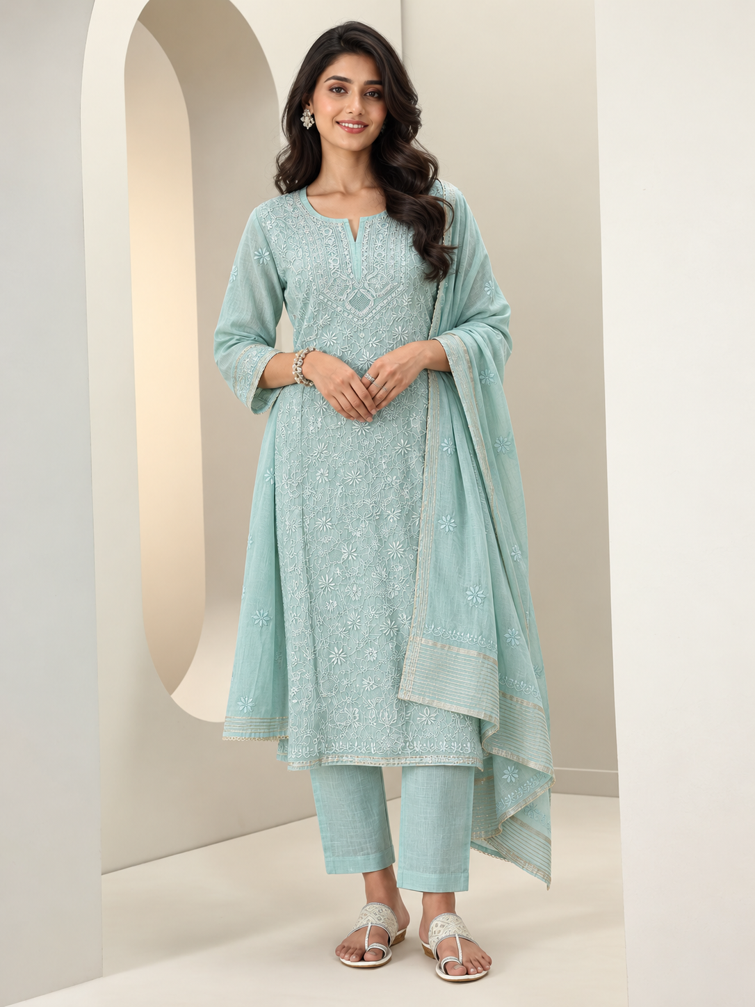 Light Turquoise / Aqua Green Chikankari Suit - Unstitched
