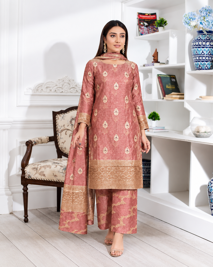 Peach Pink Linen Suit with Organza Jaal Dupatta