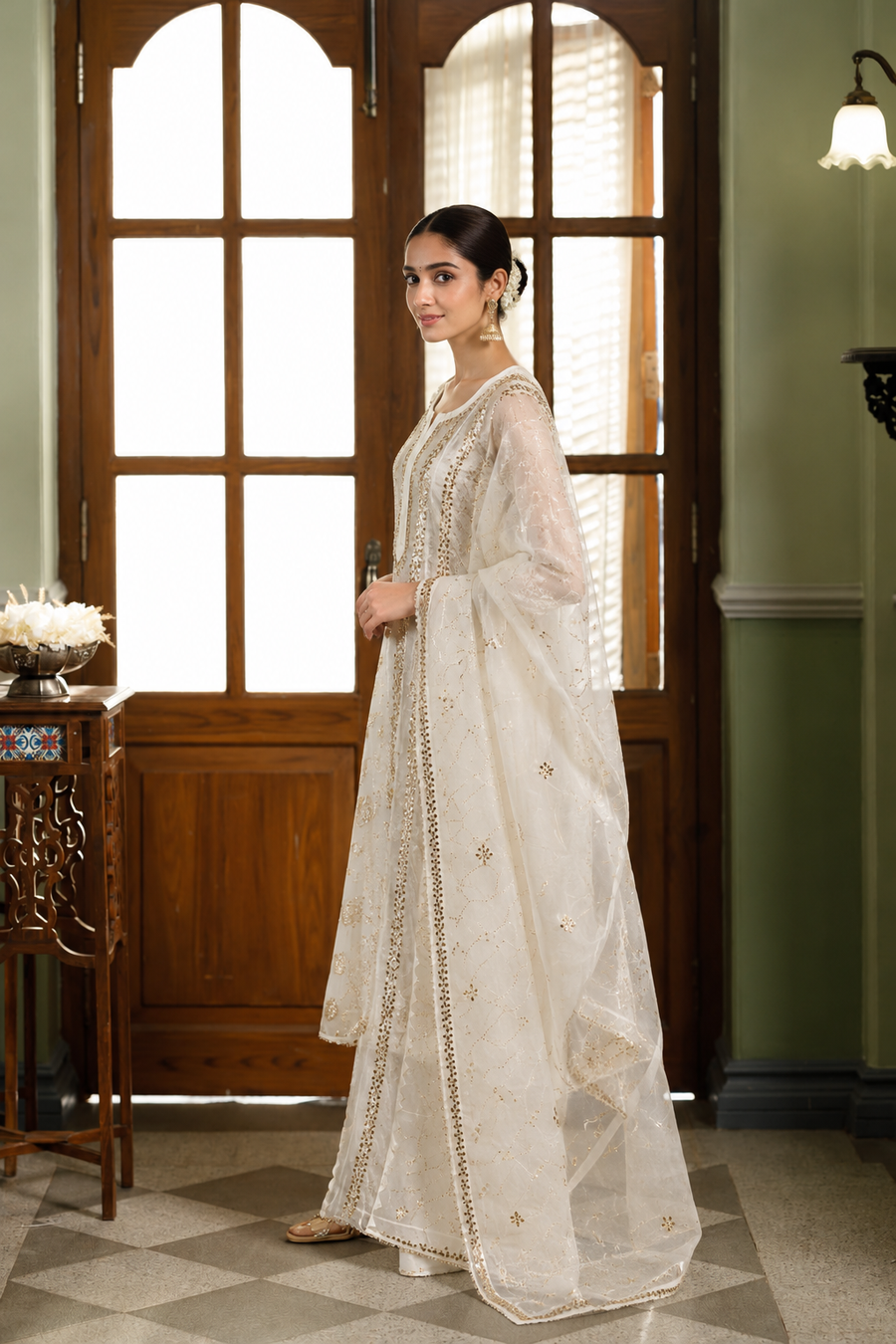 Cream Organza with Mukaish and Chikankari