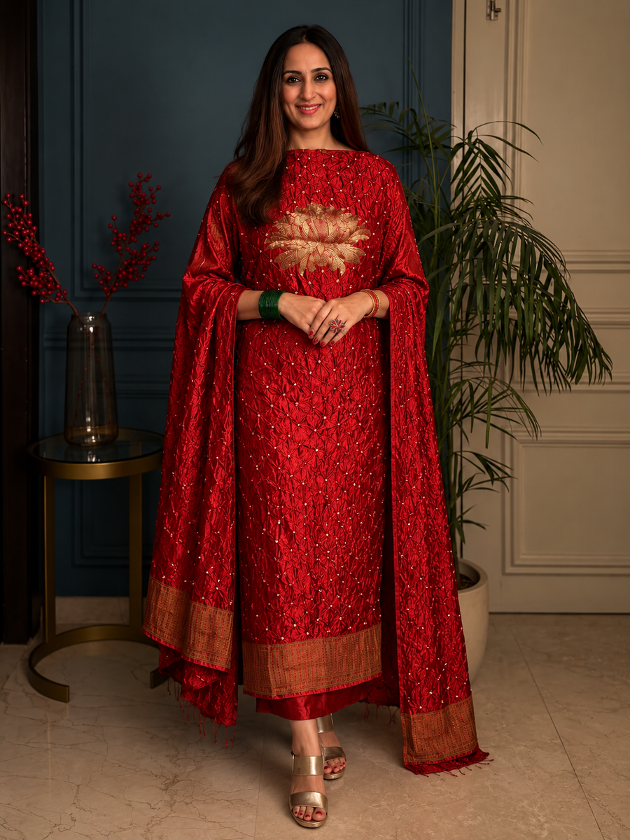 Red Bandhej Suit with Striped Dupatta