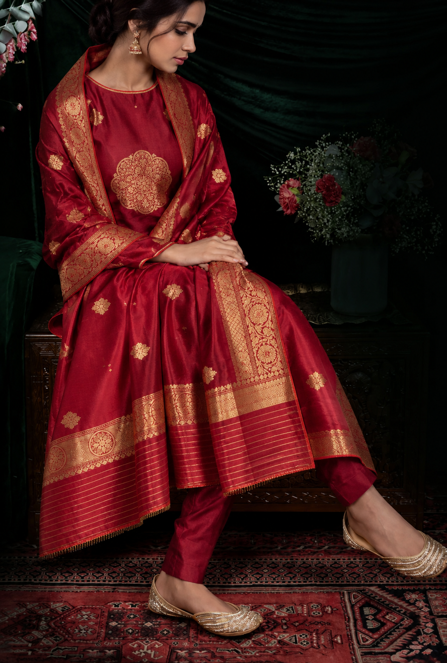 Maroon Suit with Organza Dupatta