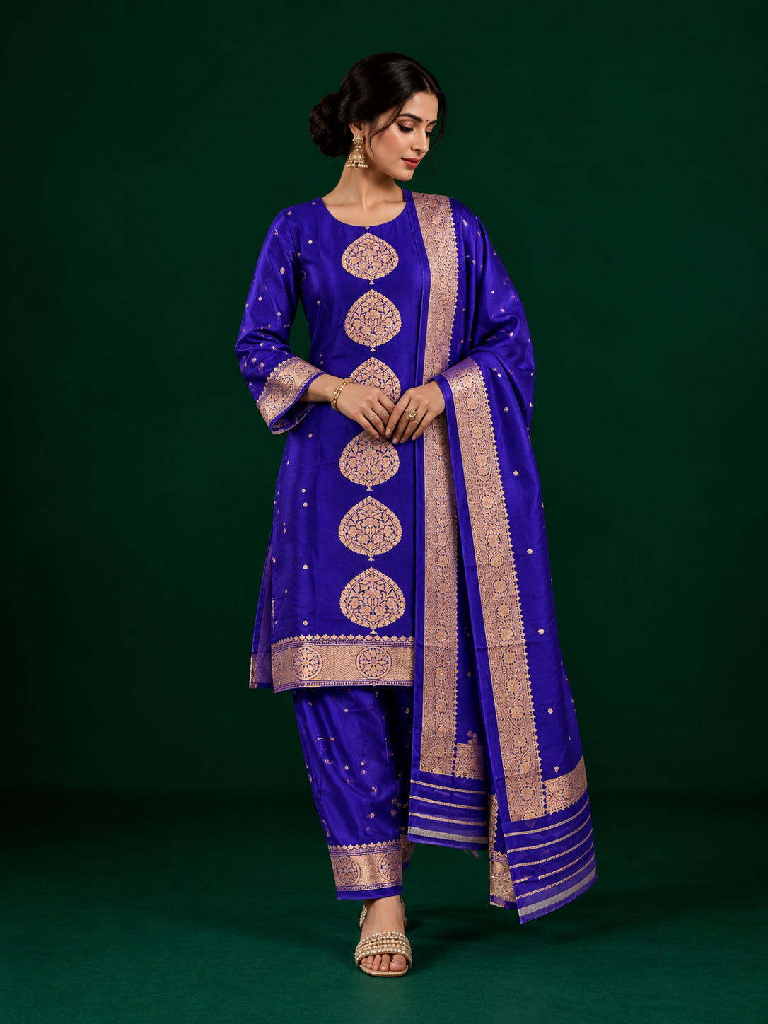 Purple Suit with Motifs and Organza Dupatta