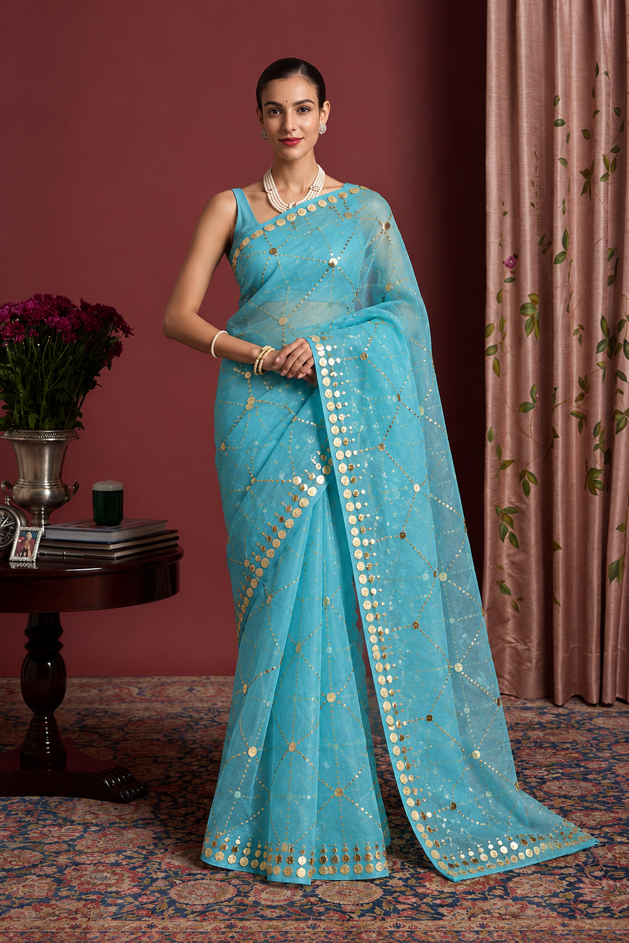 Teal Blue Organza Pittan Saree