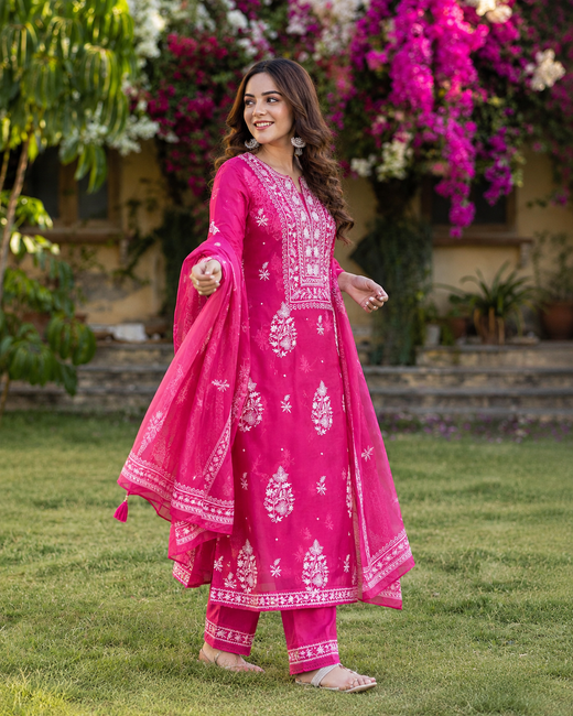 Rani Pink Organza Chikankari