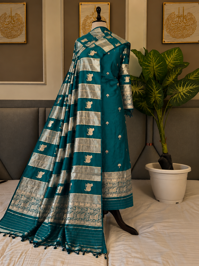 Teal Green Banarasi Suit with Cow-Motif Tissue Dupatta