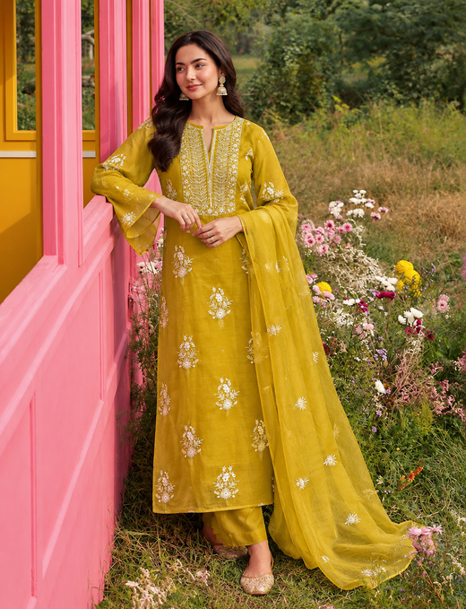Mehndi Green Organza Chikankari