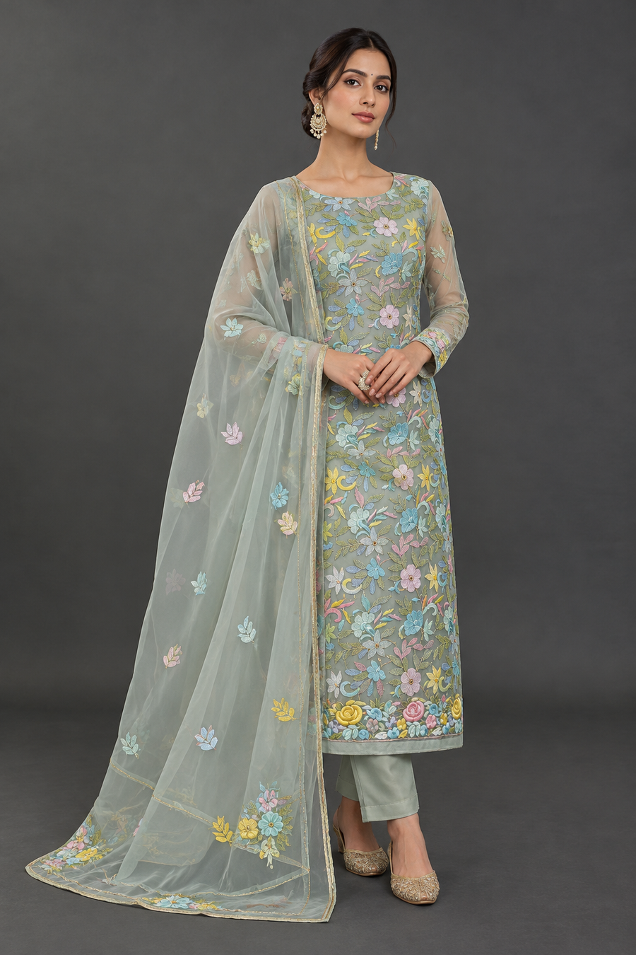 Green Organza Chikankari with Parsi Work