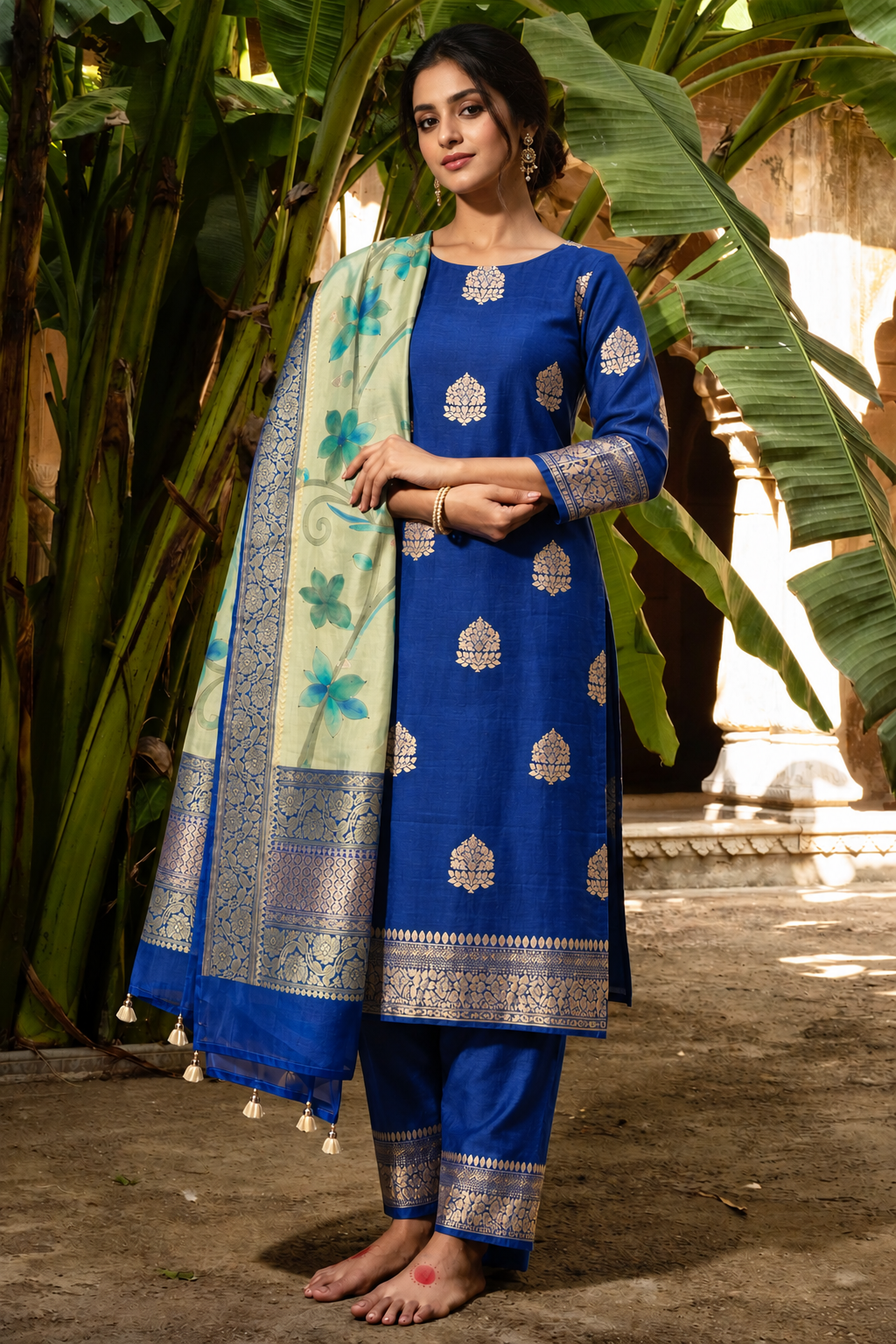 Blue Silk Suit with Hand-Painted Dupatta
