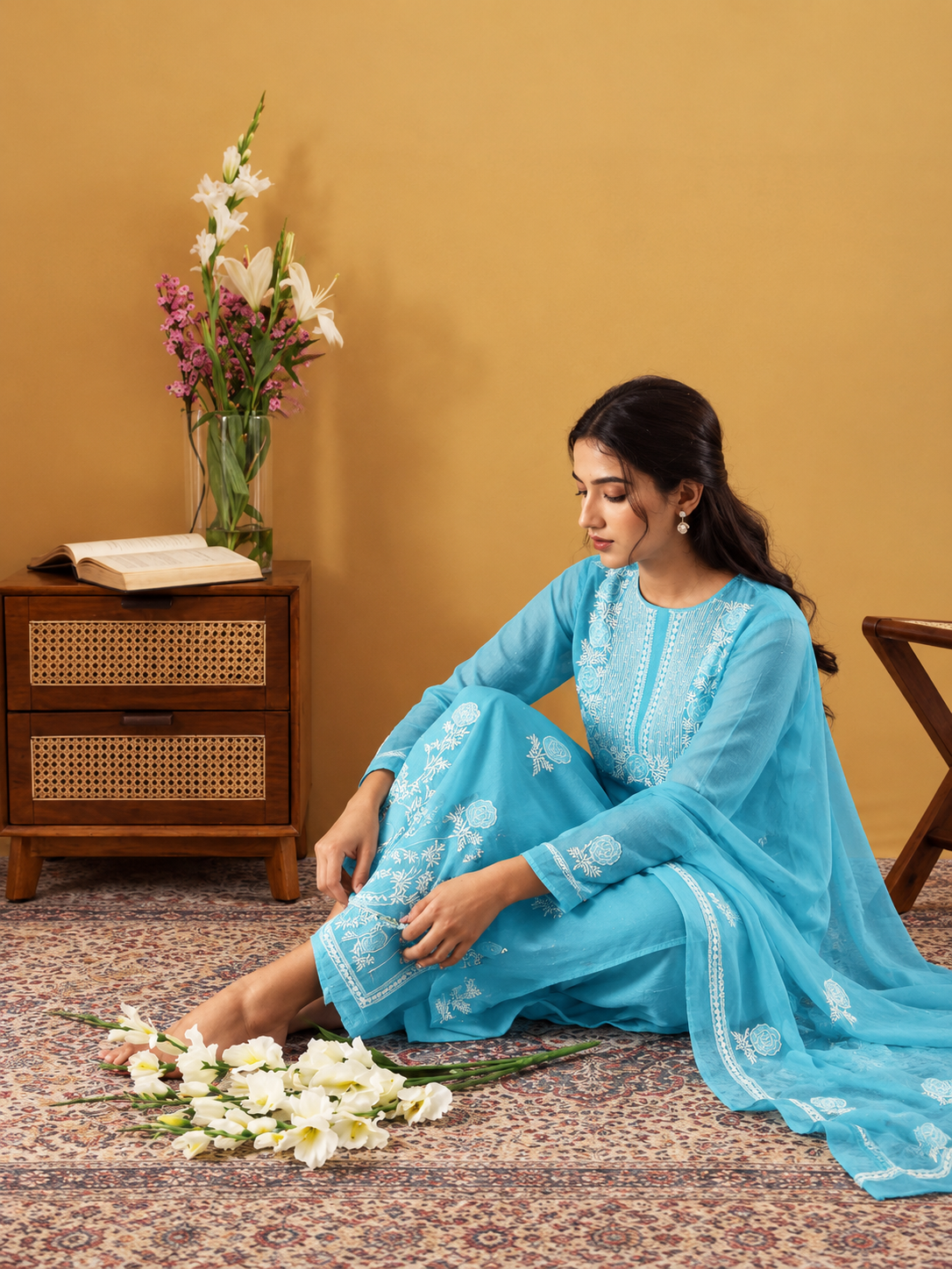 Turquoise Organza Chikankari