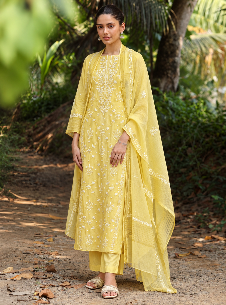 Yellow Chikankari with Floral Embroidery