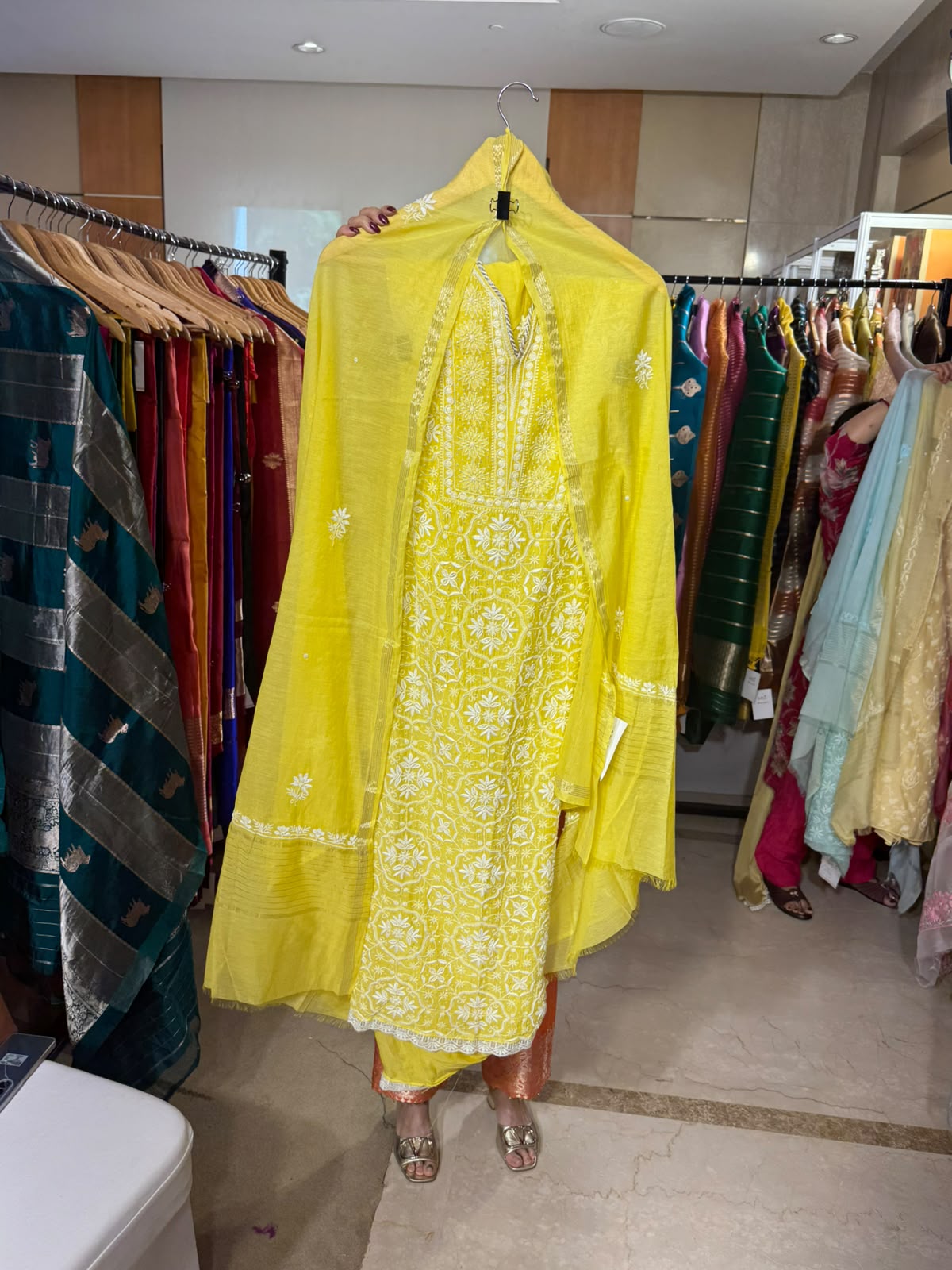 Bright Yellow Mul Chanderi Full-Jaal Chikankari by Aurunii, product AU-006 original product photograph