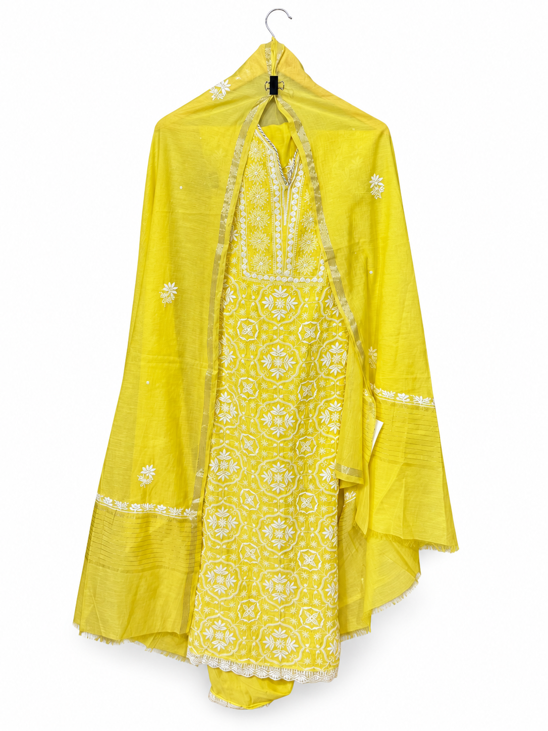 Bright Yellow Mul Chanderi Full-Jaal Chikankari by Aurunii, product AU-006 on a white background