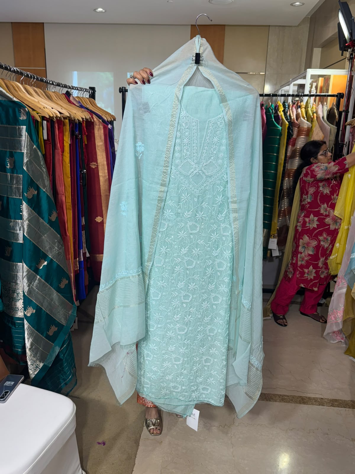 Light Green Mul Chanderi Full-Jaal Chikankari Suit by Aurunii, product AU-009 original product photograph