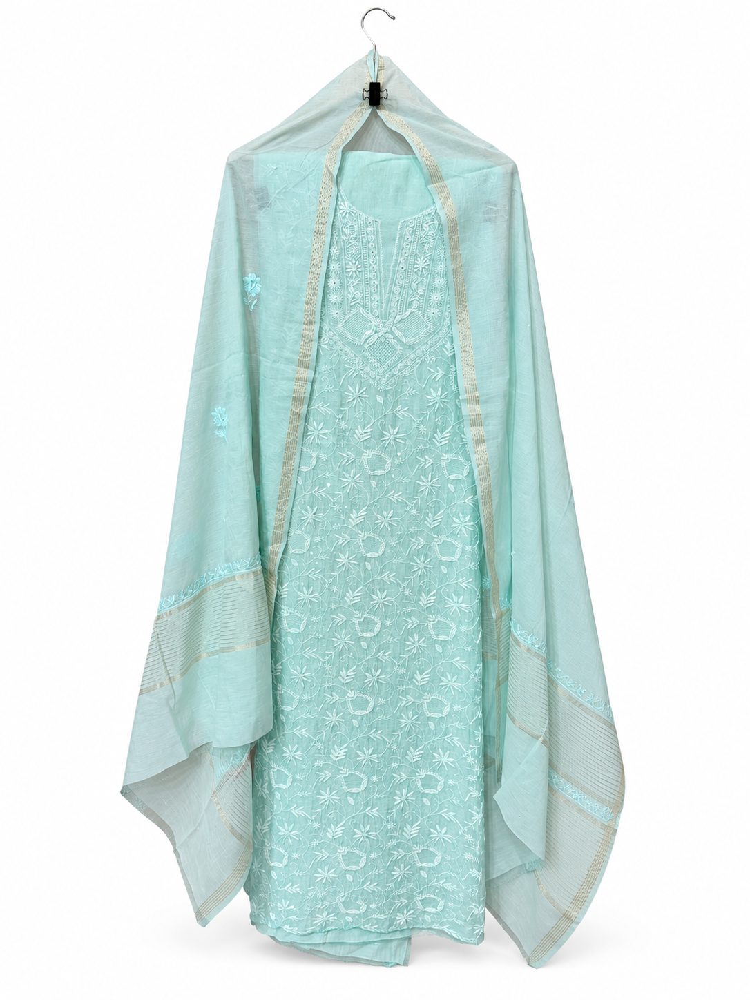 Light Green Mul Chanderi Full-Jaal Chikankari Suit by Aurunii, product AU-009 on a white background