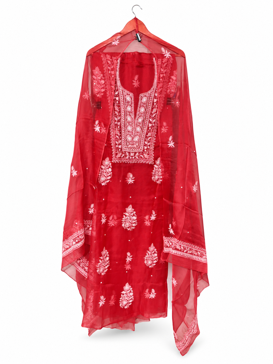 Red Organza with Large Boota Motifs