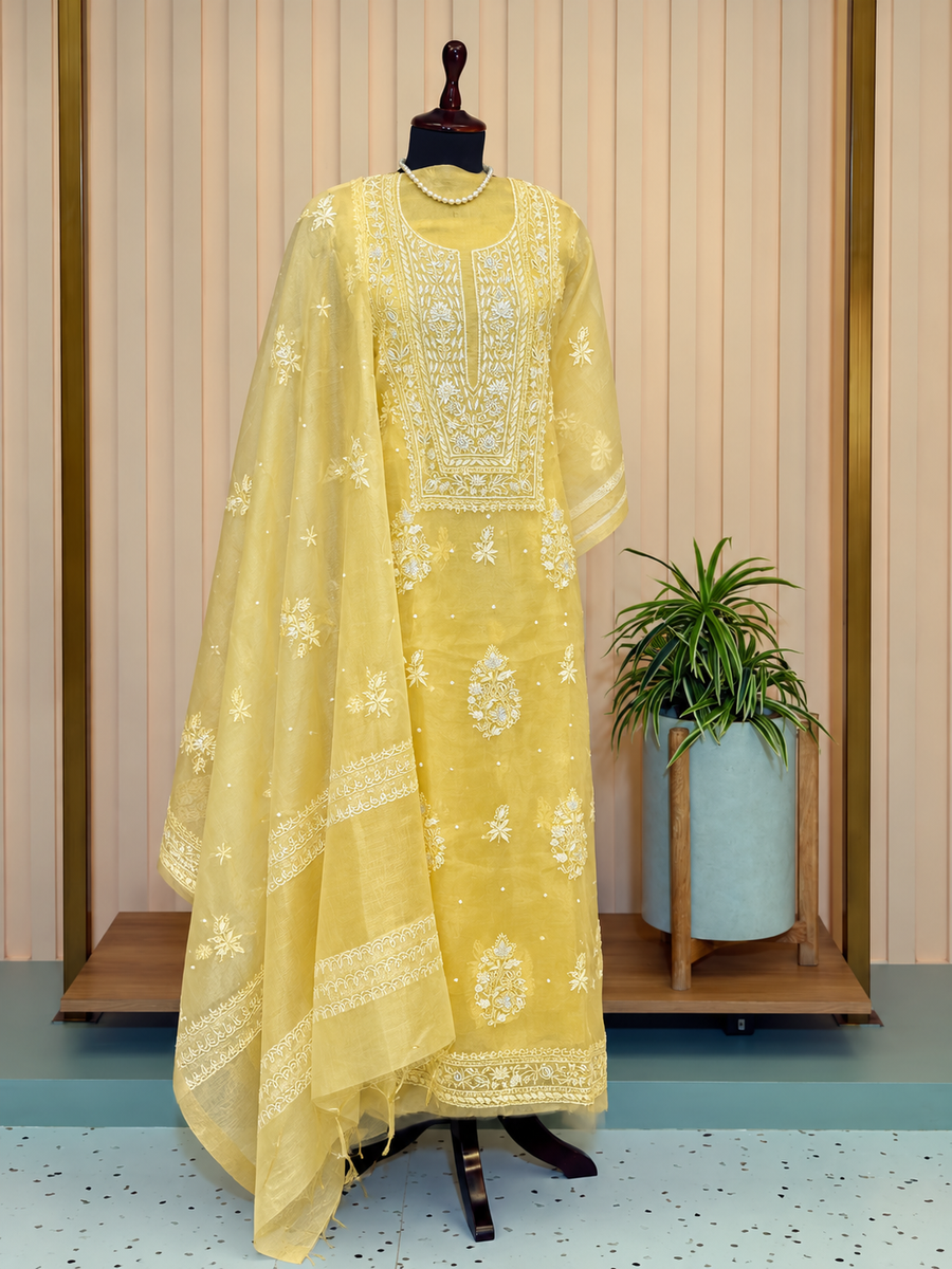 Yellow Organza Silk Chikankari