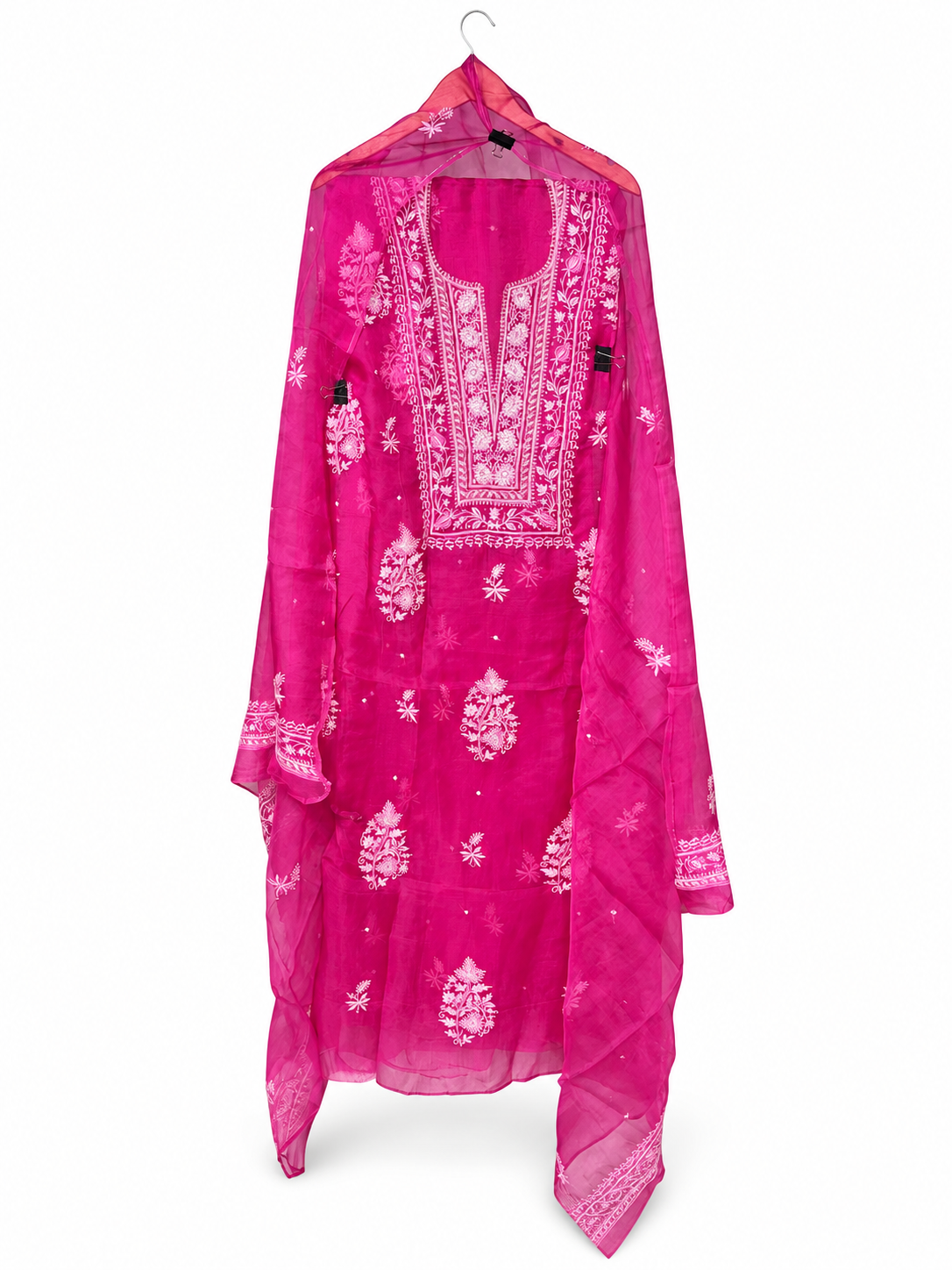 Rani Pink Organza Chikankari by Aurunii, product AU-AZ-003 on a white background